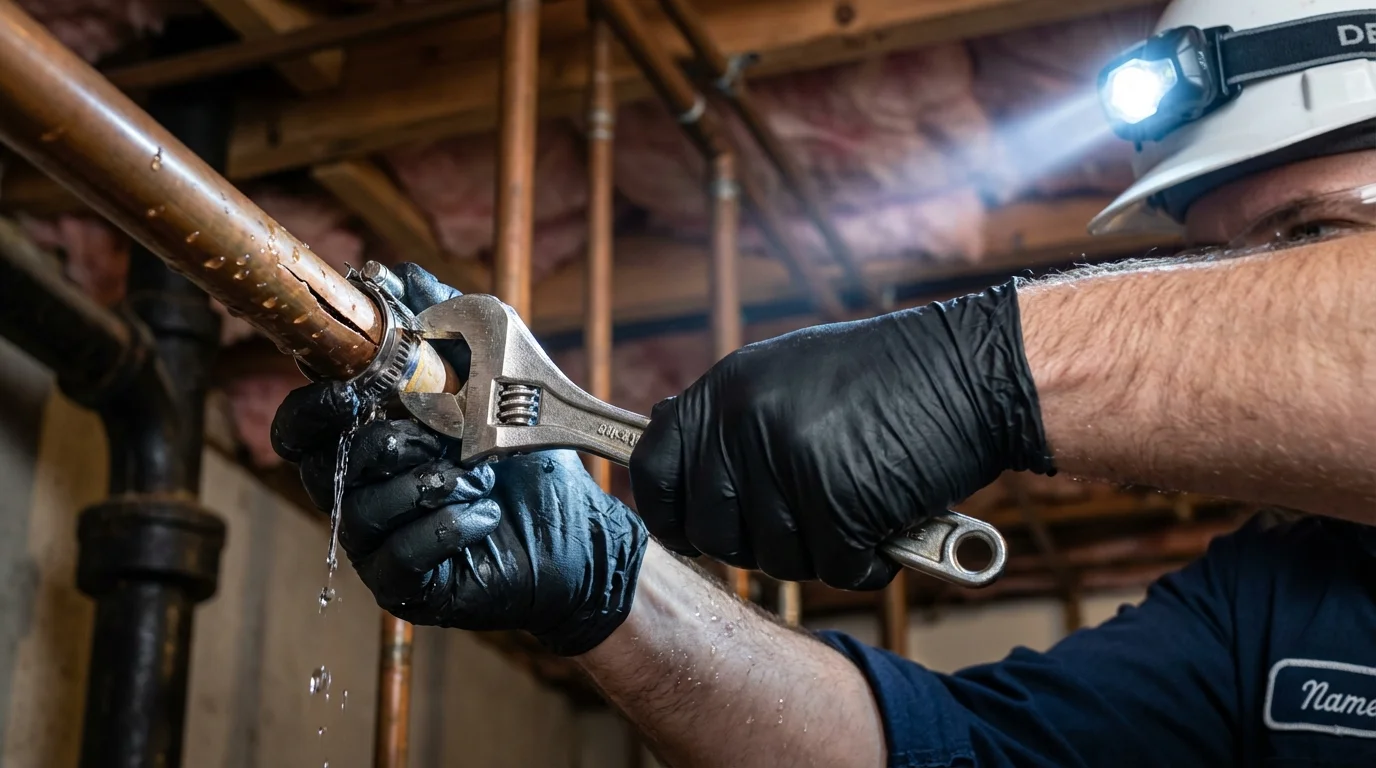 Emergency pipe clamp repair being performed by a Johns Plumbing LLC plumber in Wright