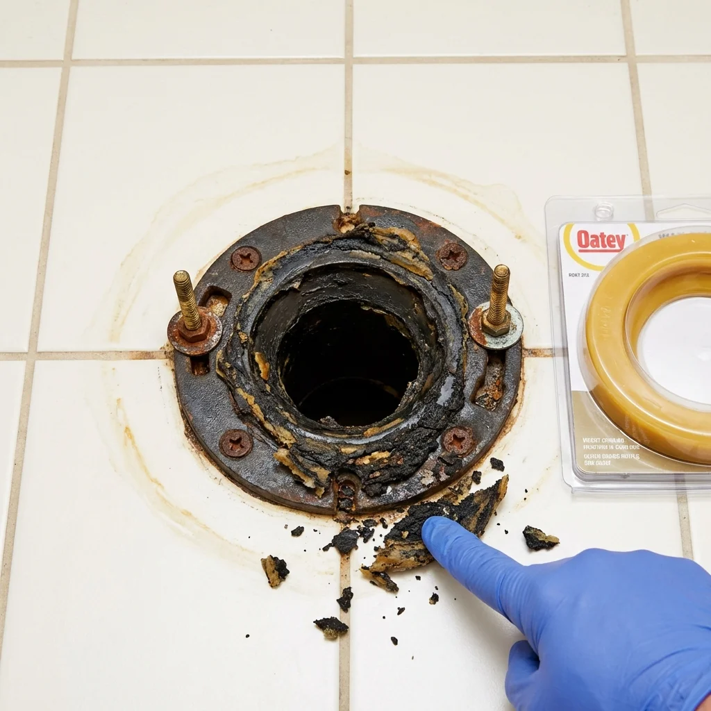 Failed wax ring showing water seepage at the base of a toilet in a Wright, WY home