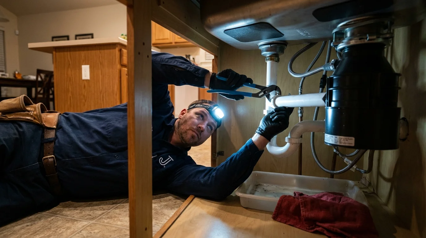 P-trap and supply line connections under a kitchen sink showing a common leak point in Wright, WY